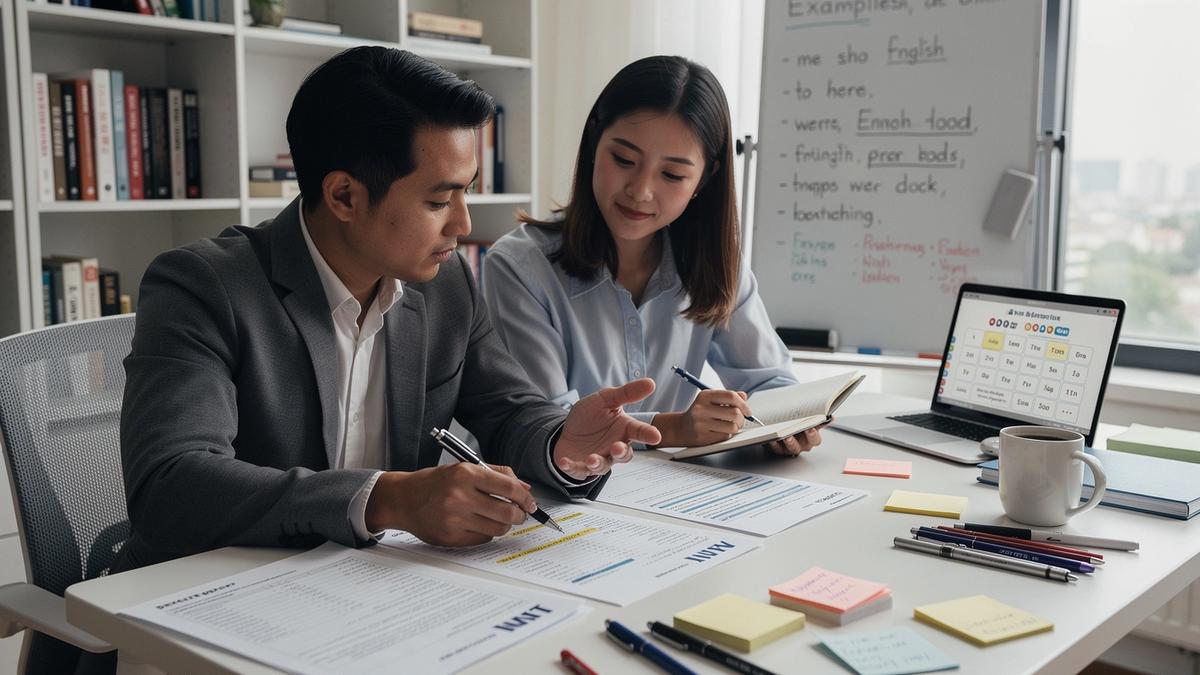A student reviewing language practice notes with an instructor
